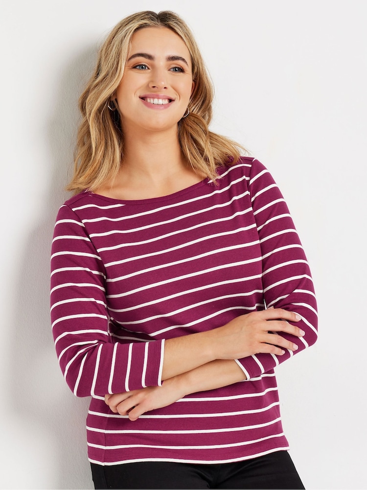 M&Co Purple Stripe 3/4 Sleeve Slash Neck 100% Cotton Top - Image 1 of 5