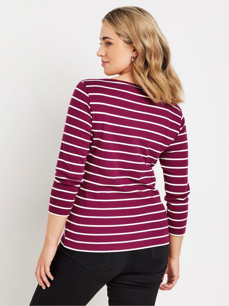 M&Co Purple Stripe 3/4 Sleeve Slash Neck 100% Cotton Top - Image 2 of 5