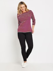 M&Co Purple Stripe 3/4 Sleeve Slash Neck 100% Cotton Top - Image 3 of 5