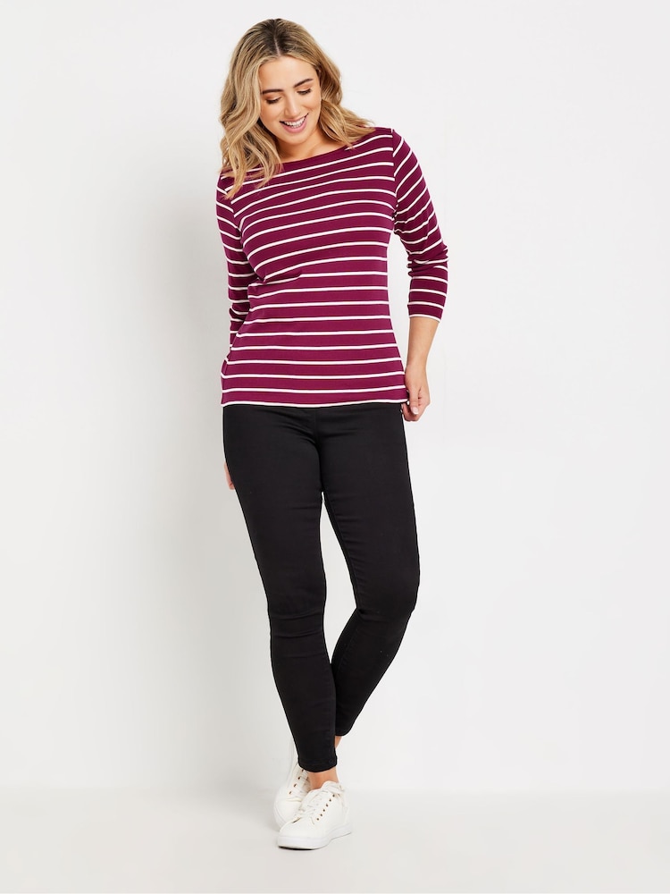 M&Co Purple Stripe 3/4 Sleeve Slash Neck 100% Cotton Top - Image 3 of 5