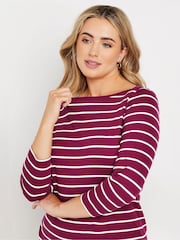 M&Co Purple Stripe 3/4 Sleeve Slash Neck 100% Cotton Top - Image 4 of 5