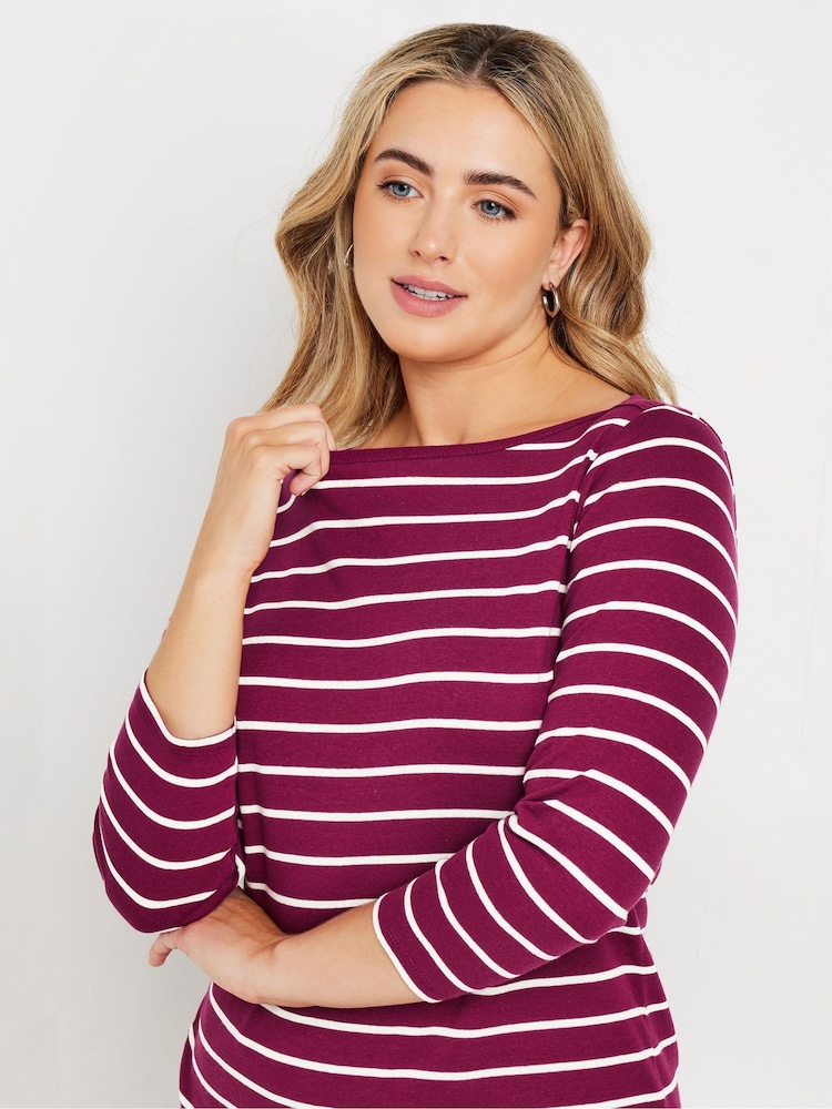 M&Co Purple Stripe 3/4 Sleeve Slash Neck 100% Cotton Top - Image 4 of 5