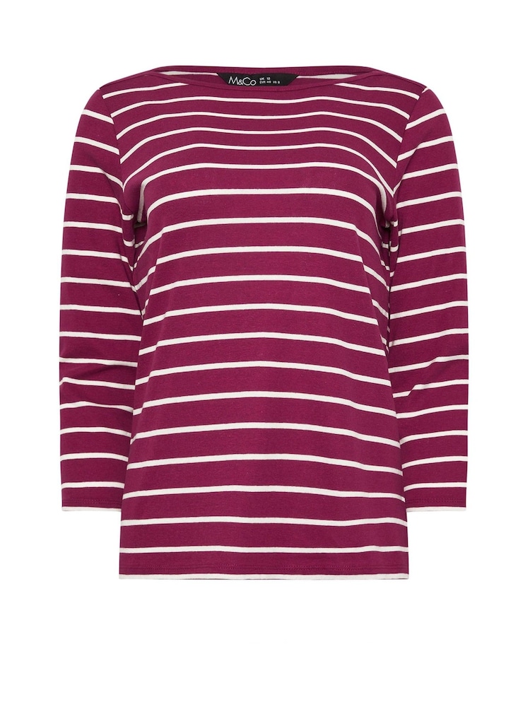 M&Co Purple Stripe 3/4 Sleeve Slash Neck 100% Cotton Top - Image 5 of 5 M&Co Purple Stripe 3/4 Sleeve Slash Neck 100% Cotton Top - Image 5 of 5