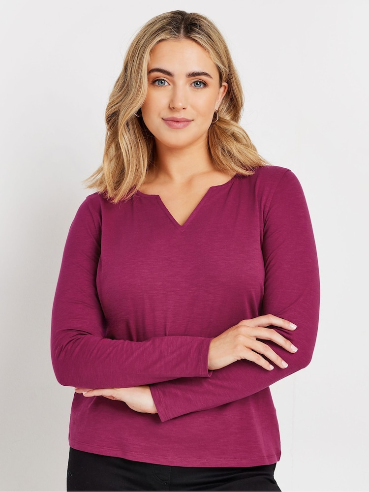 Pink - M&Co Long Sleeve 100% Cotton Notch Neck Top - Bild 1 von 5