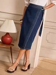 Love & Roses Indigo Blue Petite Denim Midi Wrap Belted Skirt - Image 1 of 4