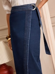 Love & Roses Indigo Blue Petite Denim Midi Wrap Belted Skirt - Image 2 of 4