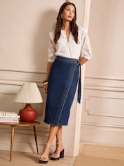Love & Roses Indigo Blue Petite Denim Midi Wrap Belted Skirt - Image 3 of 4