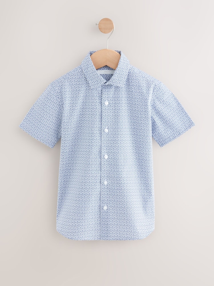 Blue Short Sleeve Geo Print 100% Cotton Shirt (3-16yrs) - Image 1 of 4 Blue Short Sleeve Geo Print 100% Cotton Shirt (3-16yrs) - Image 1 of 4