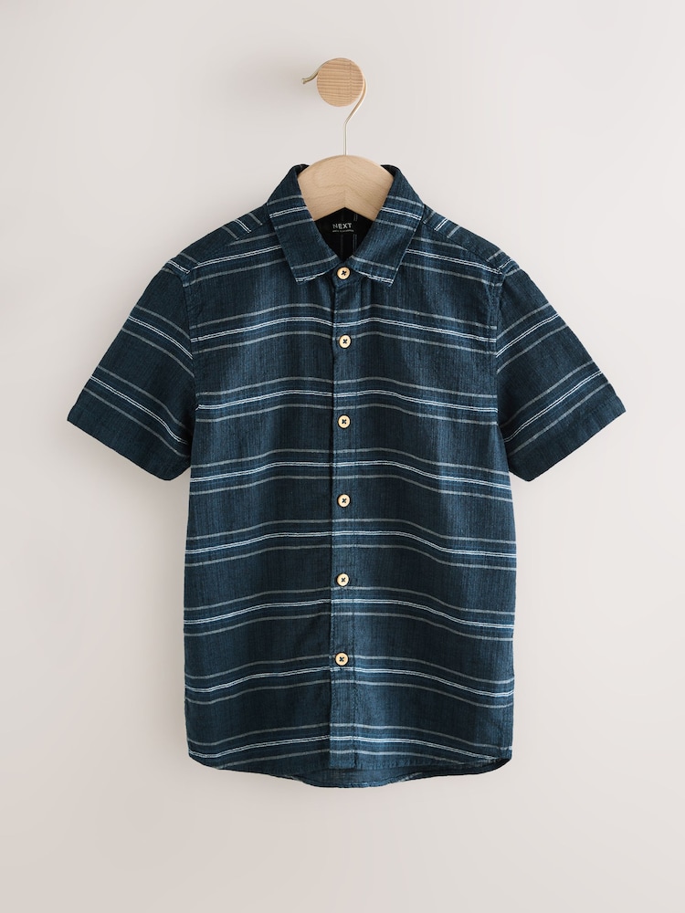 Indigo Blue Stripe Short Sleeve Linen Blend Stripe Shirt (3-16yrs) - Image 1 of 4