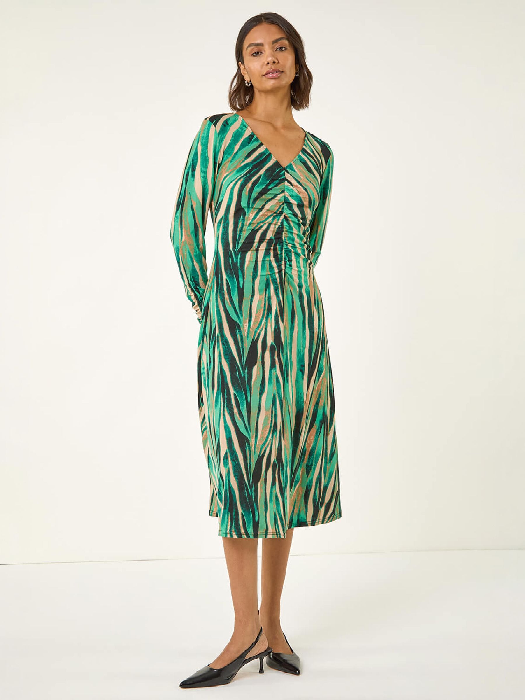 Roman Women's Green Abstract Print Ruched Midi Stretch Dress