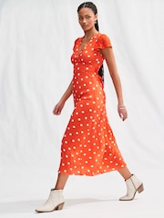 Red/White Spot Flutter Sleeve V-Neck Tie Waist Maxi Dress - Image 1 of 7