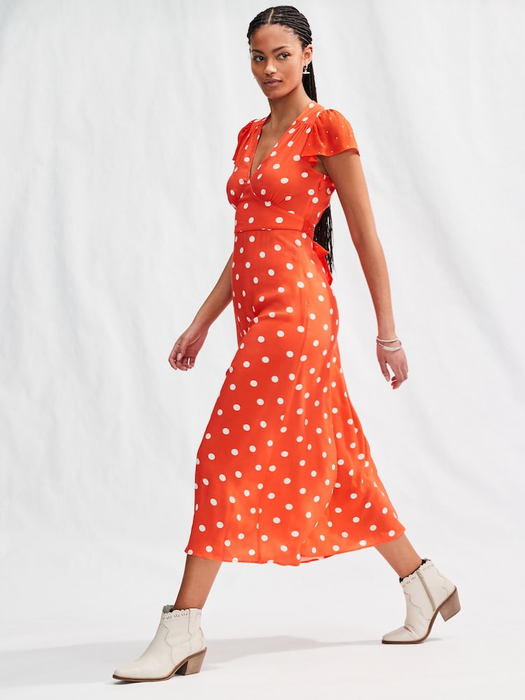 Red/White Spot Flutter Sleeve V-Neck Tie Waist Maxi Dress - Image 1 of 7
