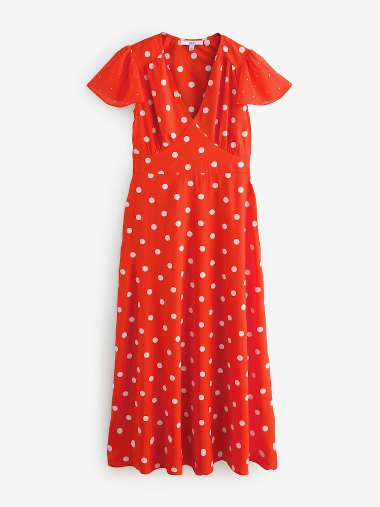 Rood/wit met stippen - Maxi-jurk met fladdermouwen, V-hals en strikceintuur - Image 5 of 7