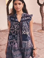 Indigo Blue Tile Geometric Print Boho Frill Detail Lace Insert Mini Dress with Linen - Image 1 of 7