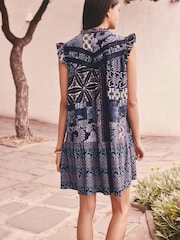 Indigo Blue Tile Geometric Print Boho Frill Detail Lace Insert Mini Dress with Linen - Image 2 of 7