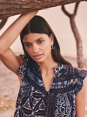 Indigo Blue Tile Geometric Print Boho Frill Detail Lace Insert Mini Dress with Linen - Image 4 of 7