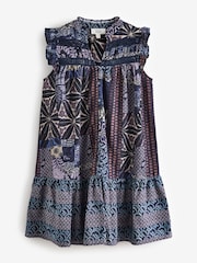 Indigo Blue Tile Geometric Print Boho Frill Detail Lace Insert Mini Dress with Linen - Image 5 of 7