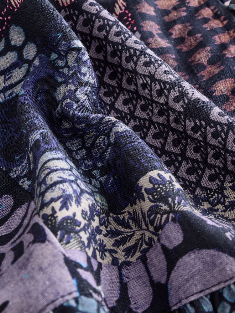 Indigo Blue Tile Geometric Print Boho Frill Detail Lace Insert Mini Dress with Linen - Image 7 of 7