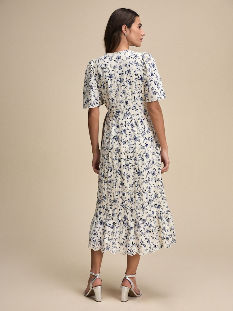 Blue Floral Flutter Sleeve Wrap Midi Dress - Image 3 of 7