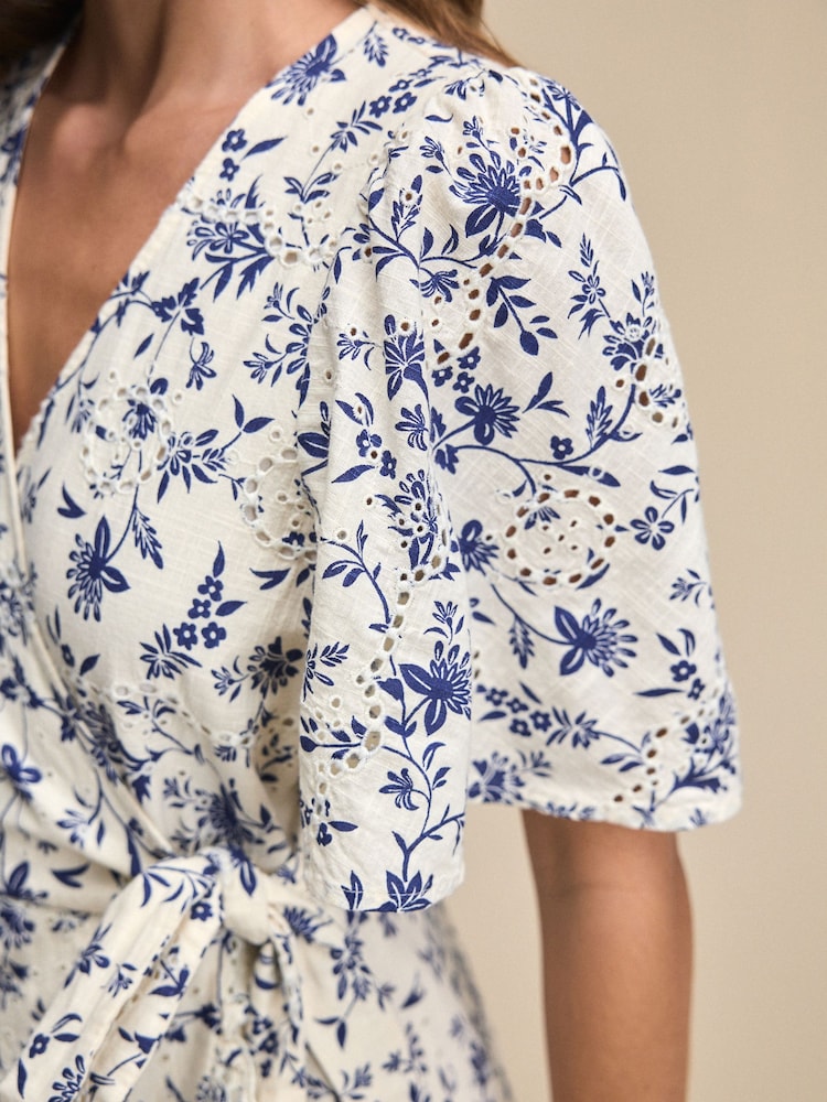 Blue Floral Flutter Sleeve Wrap Midi Dress - Image 4 of 7