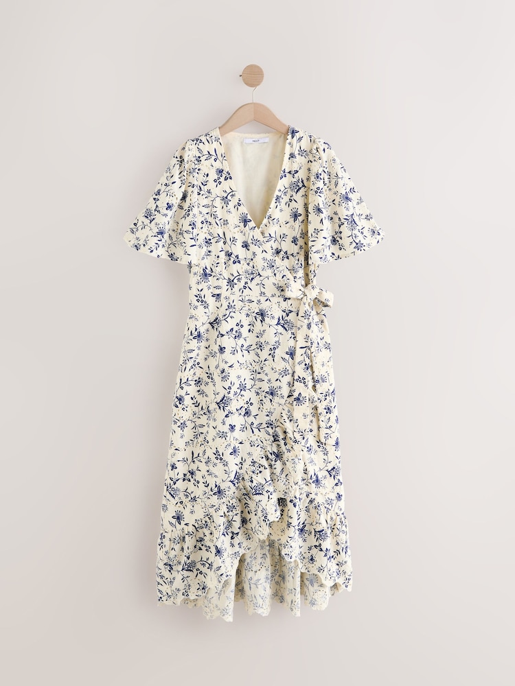 Blue Floral Flutter Sleeve Wrap Midi Dress - Image 5 of 7