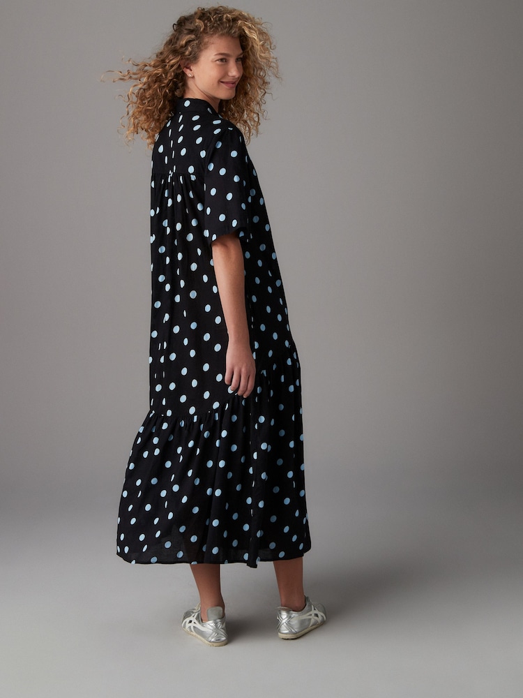 Black and Blue Spot Print Short Sleeve Drop Waist 100% Cotton Maxi Shirt Dress - Image 3 of 7