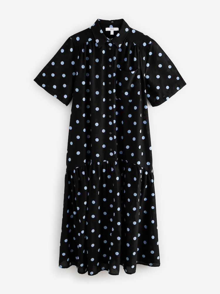 Black and Blue Spot Print Short Sleeve Drop Waist 100% Cotton Maxi Shirt Dress - Image 5 of 7
