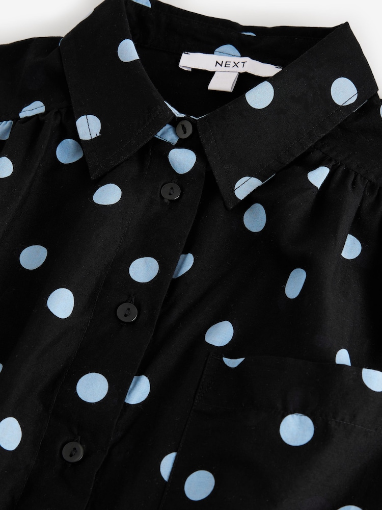 Black and Blue Spot Print Short Sleeve Drop Waist 100% Cotton Maxi Shirt Dress - Image 6 of 7