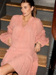 Rose Pink Tie Neck Ruffle Long Sleeve Boho Mini Dress - Image 4 of 4
