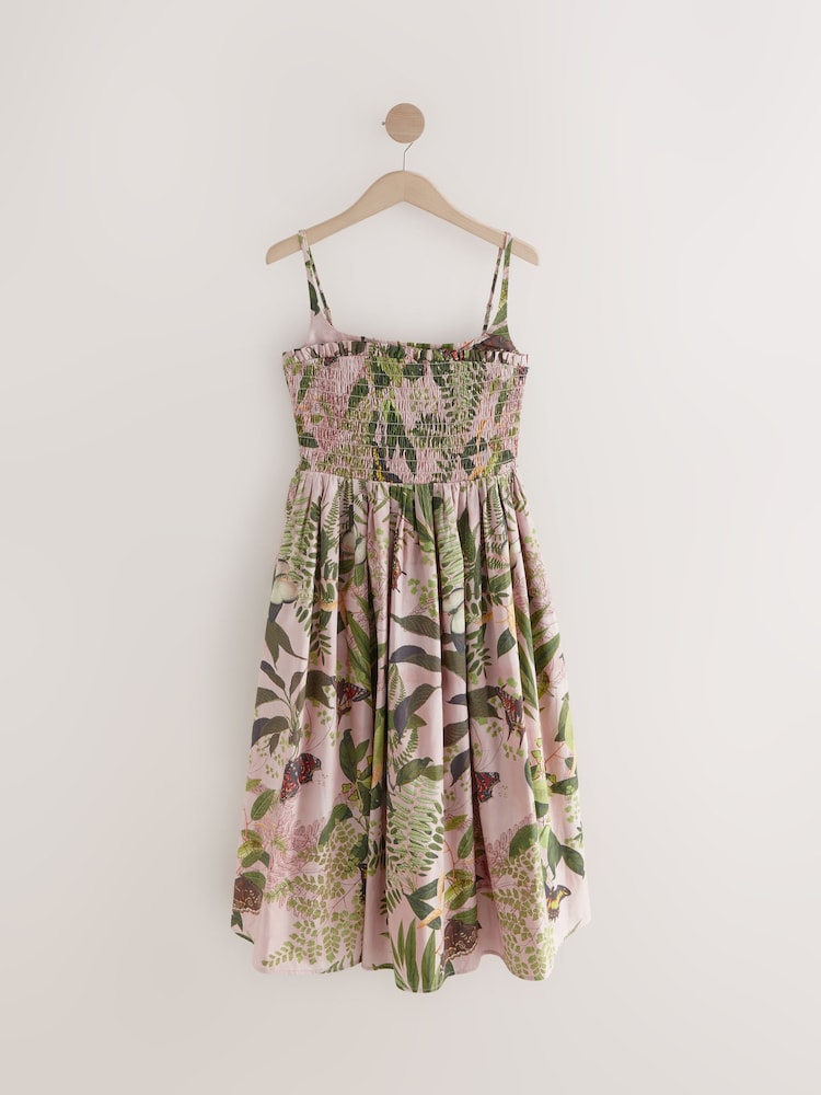 Kew Collection Light Pink Floral Square Neck Shirred Poplin Midi Dress - Image 6 of 8