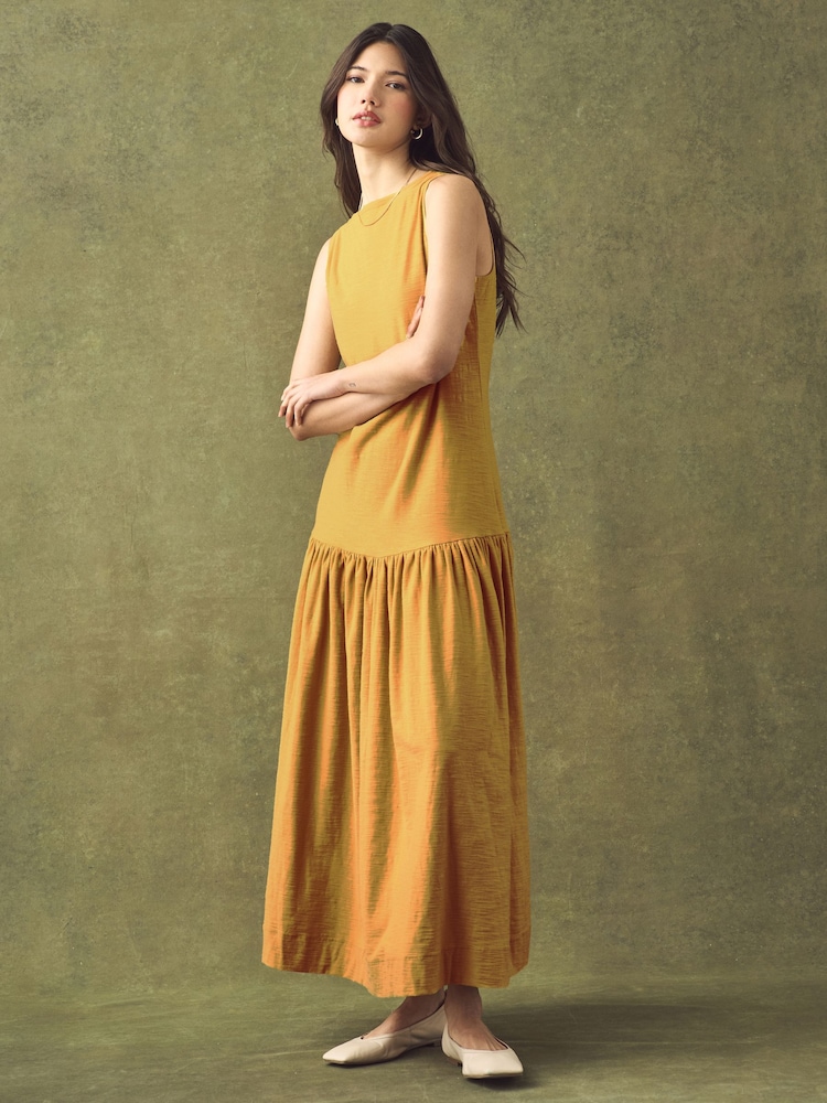 Ochre Yellow Sleeveless Drop Waist 100% Cotton Crew Neck Midi Dress - Image 1 of 7