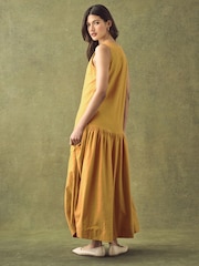 Ochre Yellow Sleeveless Drop Waist 100% Cotton Crew Neck Midi Dress - Image 2 of 7