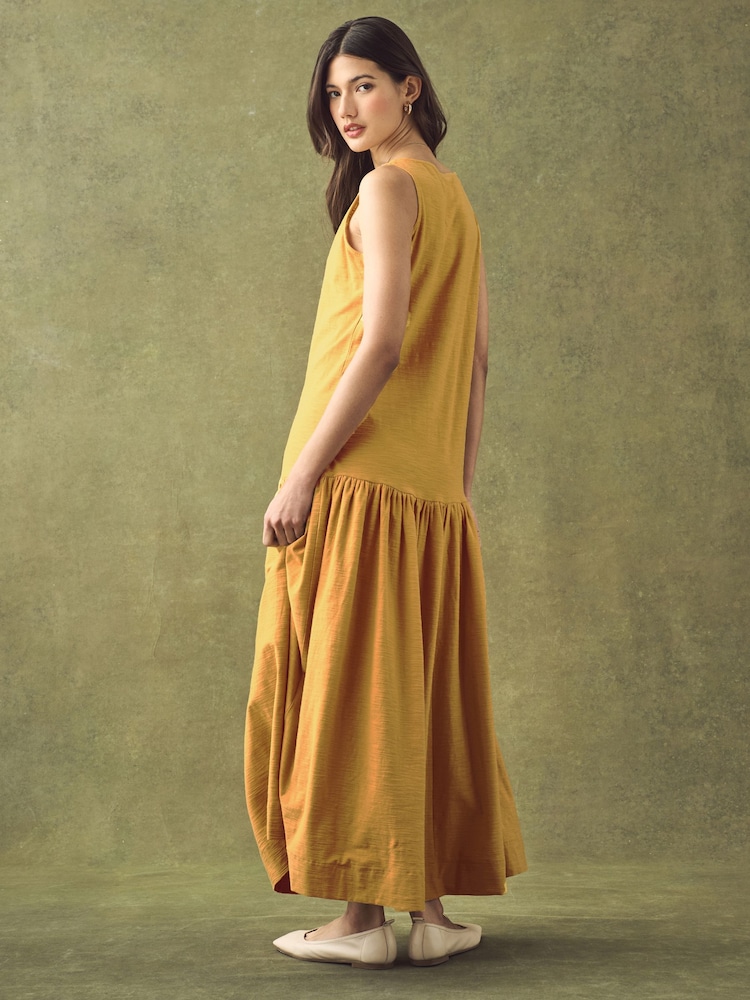 Ochre Yellow Sleeveless Drop Waist 100% Cotton Crew Neck Midi Dress - Image 2 of 7