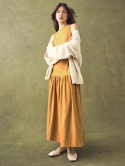 Ochre Yellow Sleeveless Drop Waist 100% Cotton Crew Neck Midi Dress - Image 3 of 7