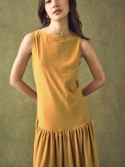 Ochre Yellow Sleeveless Drop Waist 100% Cotton Crew Neck Midi Dress - Image 4 of 7