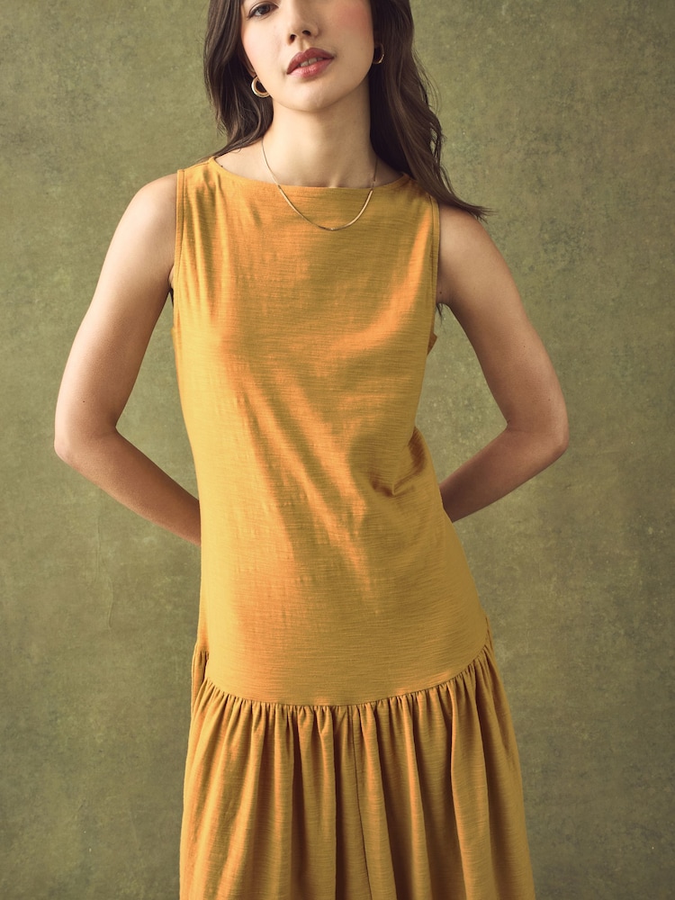 Ochre Yellow Sleeveless Drop Waist 100% Cotton Crew Neck Midi Dress - Image 4 of 7