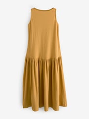 Ochre Yellow Sleeveless Drop Waist 100% Cotton Crew Neck Midi Dress - Image 5 of 7