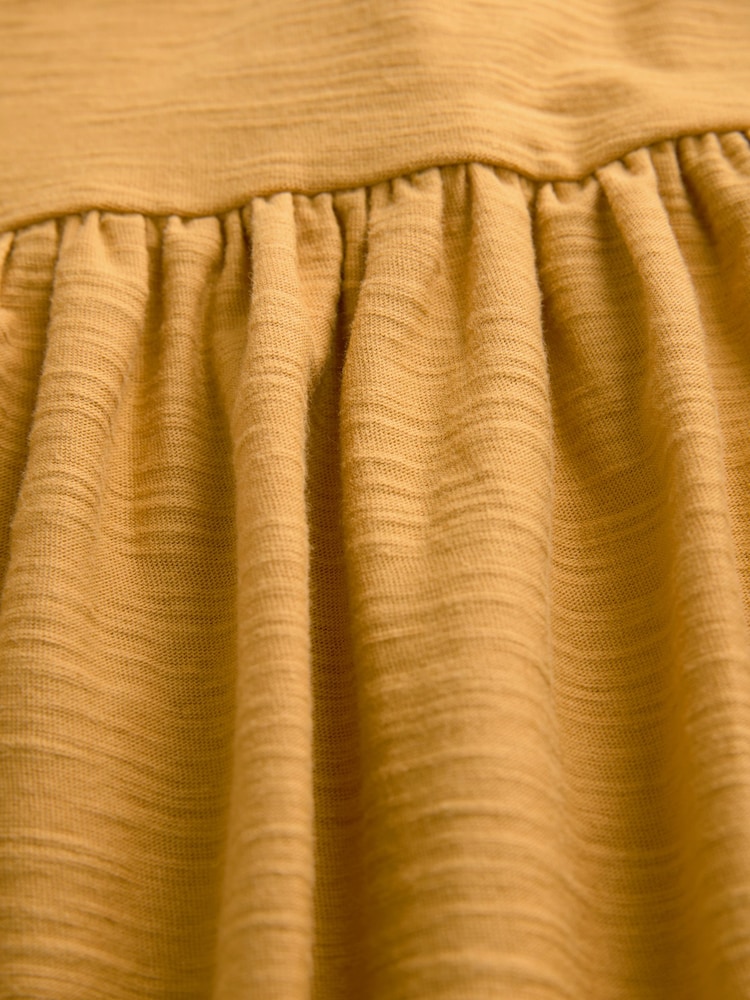 Ochre Yellow Sleeveless Drop Waist 100% Cotton Crew Neck Midi Dress - Image 6 of 7