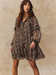 Black/Brown Floral Tie Neck Ruffle Long Sleeve Boho Mini Dress - Image 1 of 7