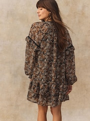 Black/Brown Floral Tie Neck Ruffle Long Sleeve Boho Mini Dress - Image 2 of 7