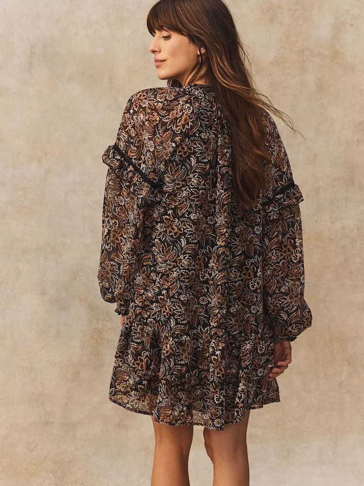 Black/Brown Floral Tie Neck Ruffle Long Sleeve Boho Mini Dress - Image 2 of 7