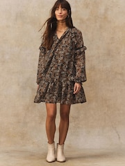 Black/Brown Floral Tie Neck Ruffle Long Sleeve Boho Mini Dress - Image 3 of 7