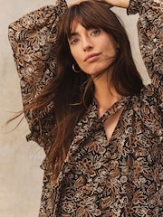 Black/Brown Floral Tie Neck Ruffle Long Sleeve Boho Mini Dress - Image 4 of 7