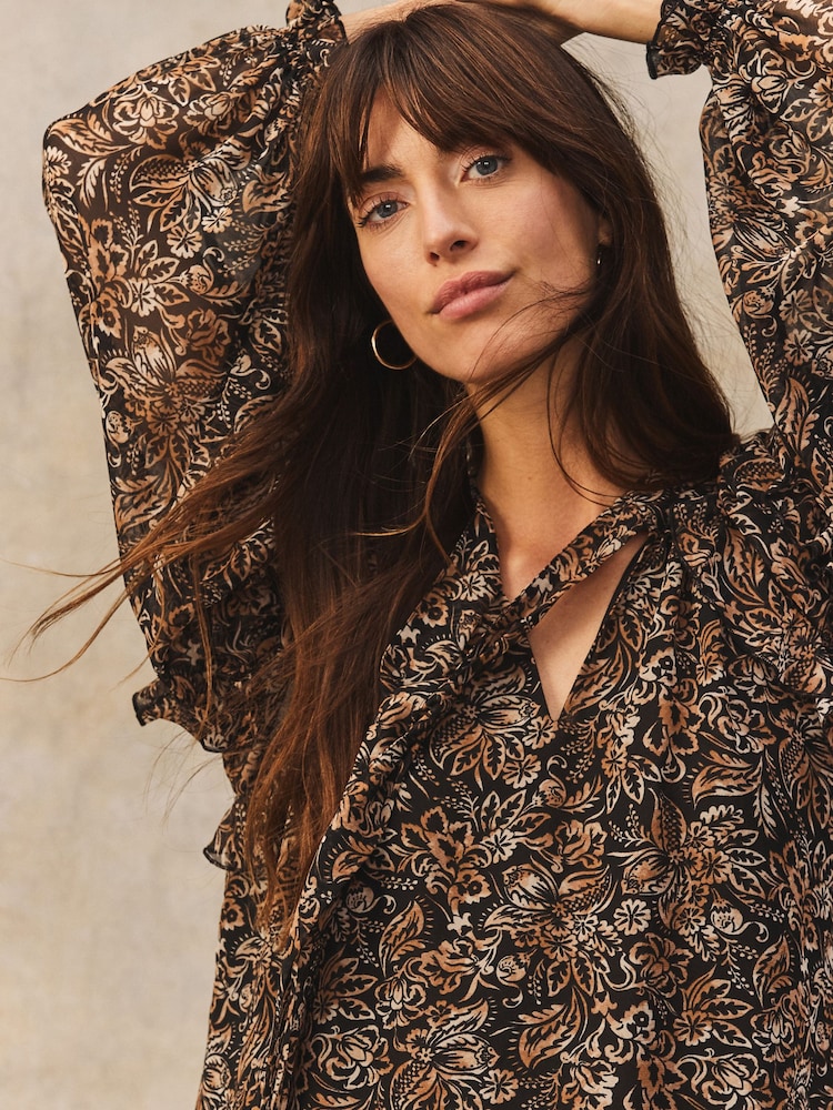 Black/Brown Floral Tie Neck Ruffle Long Sleeve Boho Mini Dress - Image 4 of 7