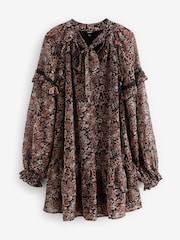 Black/Brown Floral Tie Neck Ruffle Long Sleeve Boho Mini Dress - Image 5 of 7