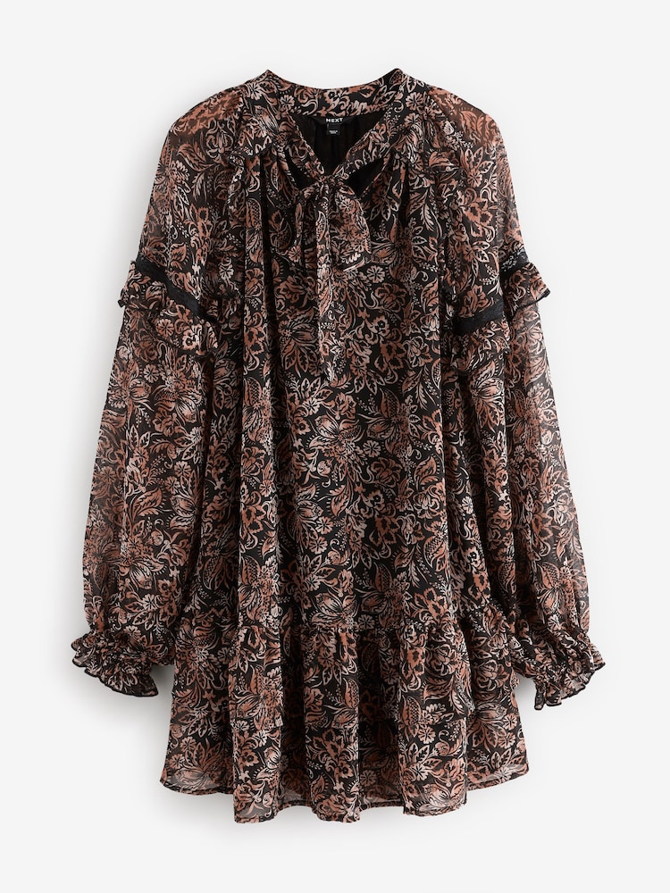 Black/Brown Floral Tie Neck Ruffle Long Sleeve Boho Mini Dress - Image 5 of 7