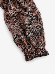 Black/Brown Floral Tie Neck Ruffle Long Sleeve Boho Mini Dress - Image 6 of 7