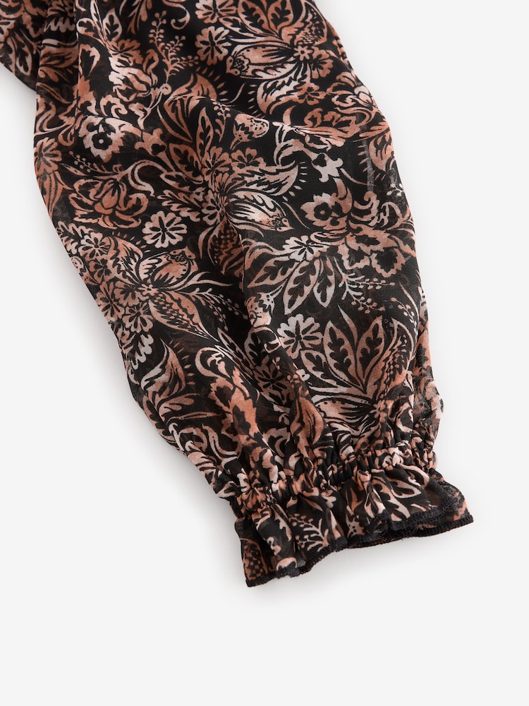 Black/Brown Floral Tie Neck Ruffle Long Sleeve Boho Mini Dress - Image 6 of 7