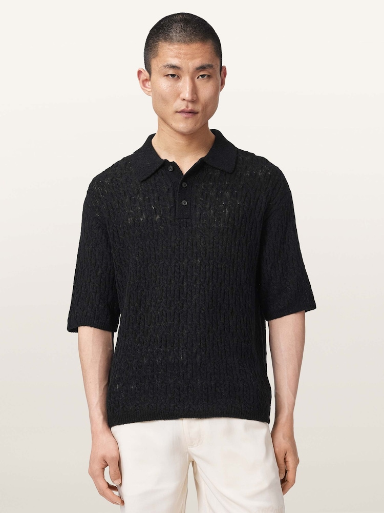 AllSaints Black Cyclone Short Sleeve Polo Shirt - Image 1 of 6