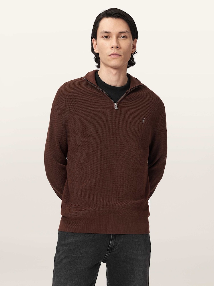 AllSaints Brown Aspen Zip Funnel Jumper - Image 1 of 6 AllSaints Brown Aspen Zip Funnel Jumper - Image 1 of 6